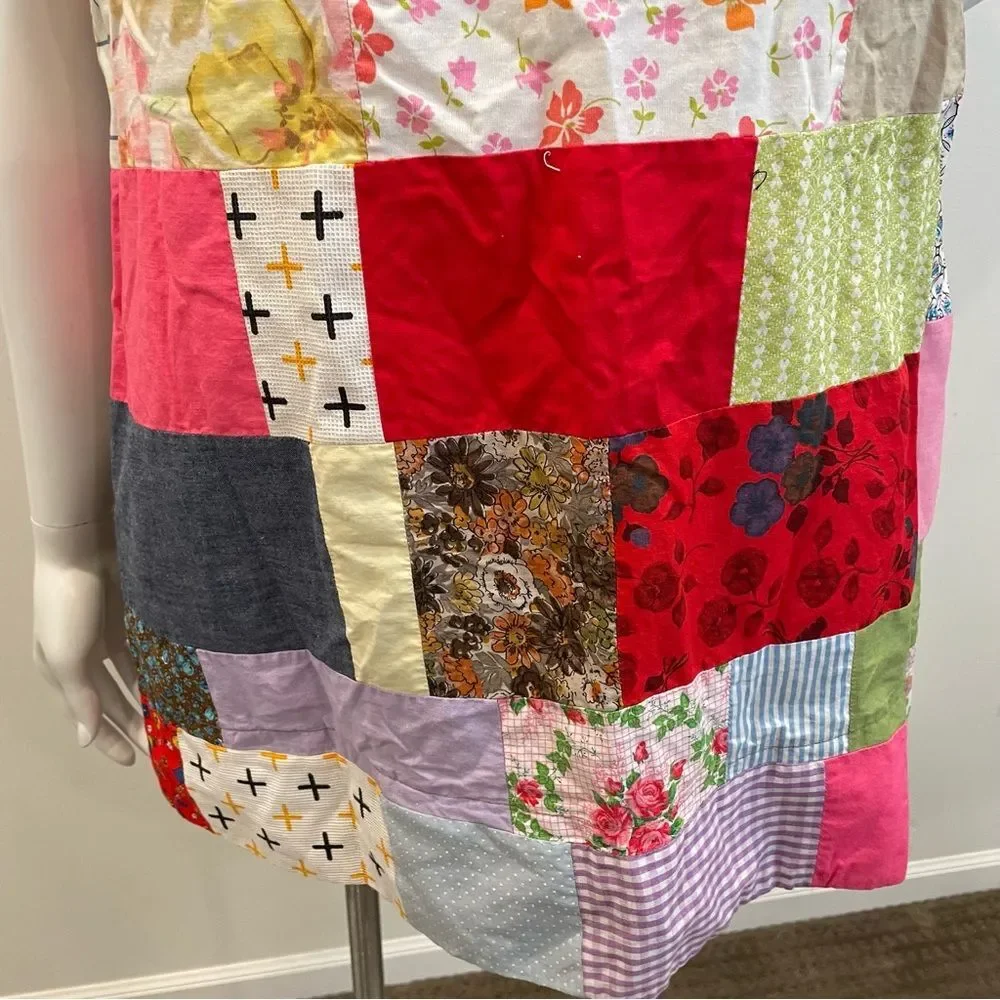 VINTAGE Floral Printed Cotton Patchwork Puff Sleeve Mini Dress - Picture 9 of 10